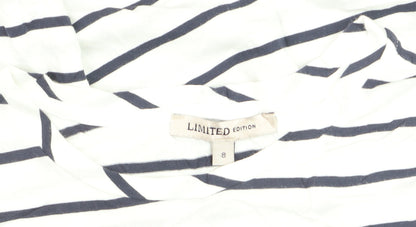 Marks and Spencer Womens White Striped Beach Print Cotton T-Shirt Size 8