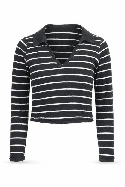 Hollister Women's Black Striped Cropped Long Sleeve T-Shirt M