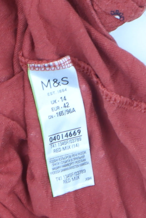 Marks and Spencer Women Red Floral Cotton 3/4 Sleeve T-Shirt Size 14