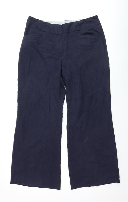 Next Women Navy Blue Linen Blend Wide-Leg Trousers Size 14R
