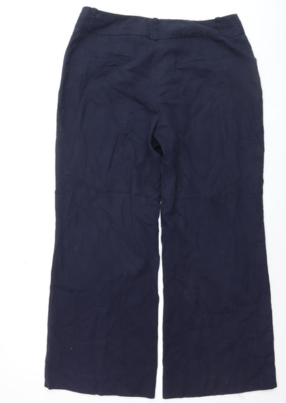 Next Women Navy Blue Linen Blend Wide-Leg Trousers Size 14R
