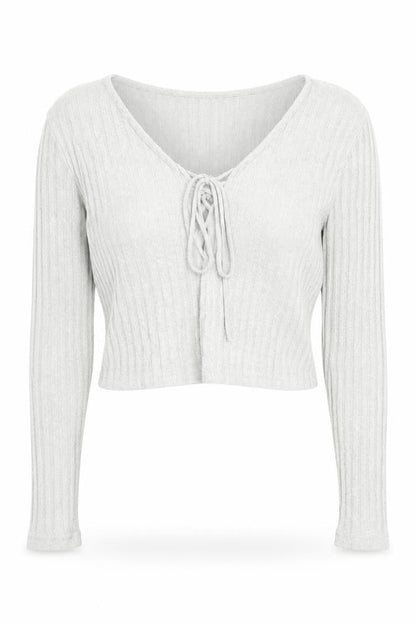 New Look Petite Grey Ribbed Tie Front Cropped Long Sleeve Top Size M