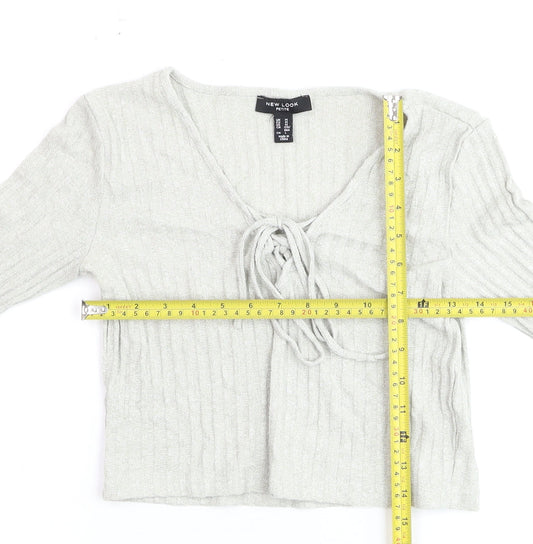 New Look Petite Grey Ribbed Tie Front Cropped Long Sleeve Top Size M