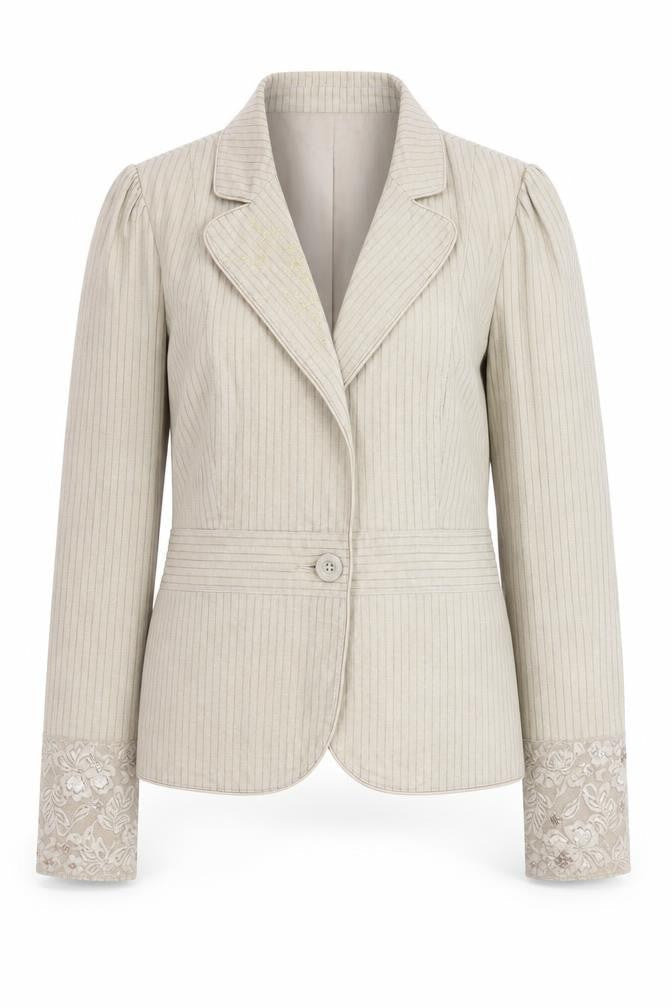 VILA Women's Beige Striped Linen Cotton Blazer M Classic Style