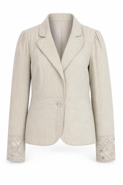 VILA Women's Beige Striped Linen Cotton Blazer M Classic Style