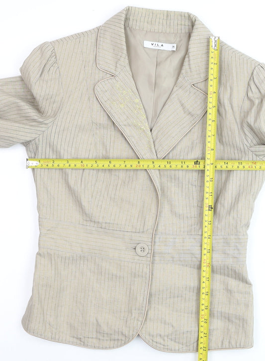 Vila Women's Beige Striped Linen Cotton Blazer M Classic Style