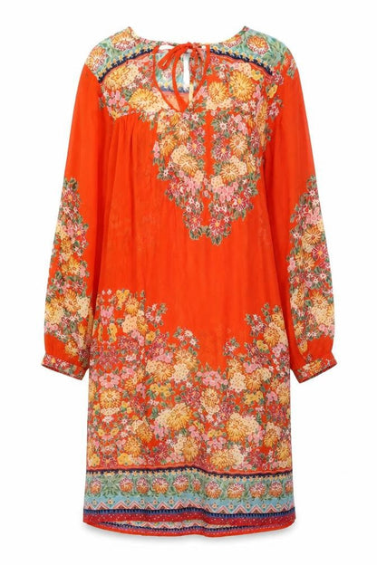 Front view of ASOS Women’s Orange Floral Bohemian Knee Length Chiffon Dress, size UK 8