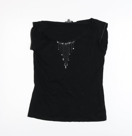 Mexx Womens Black Sleeveless Rhinestone Scoop Neck T-Shirt Medium