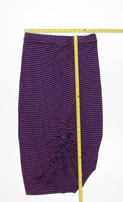 Next Women Blue Striped Midi Pencil Skirt Size 10 Stretch Jersey