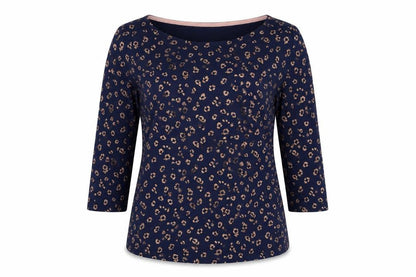 Boden Women's Blue Animal Print Boat Neck 3/4 Sleeve Cotton Modal Blouse Size 14