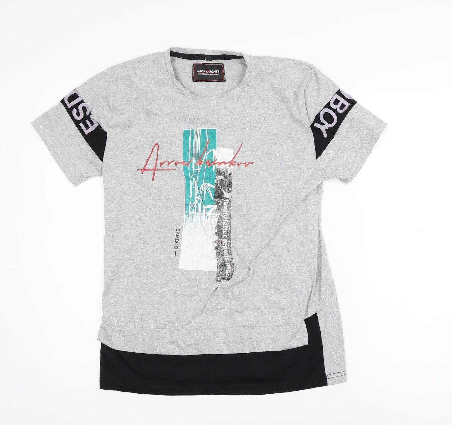 Jack & Jones Men's Grey Graphic Print Cotton T-Shirt Size M