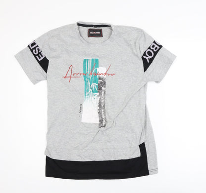 Jack & Jones Men's Grey Graphic Print Cotton T-Shirt Size M
