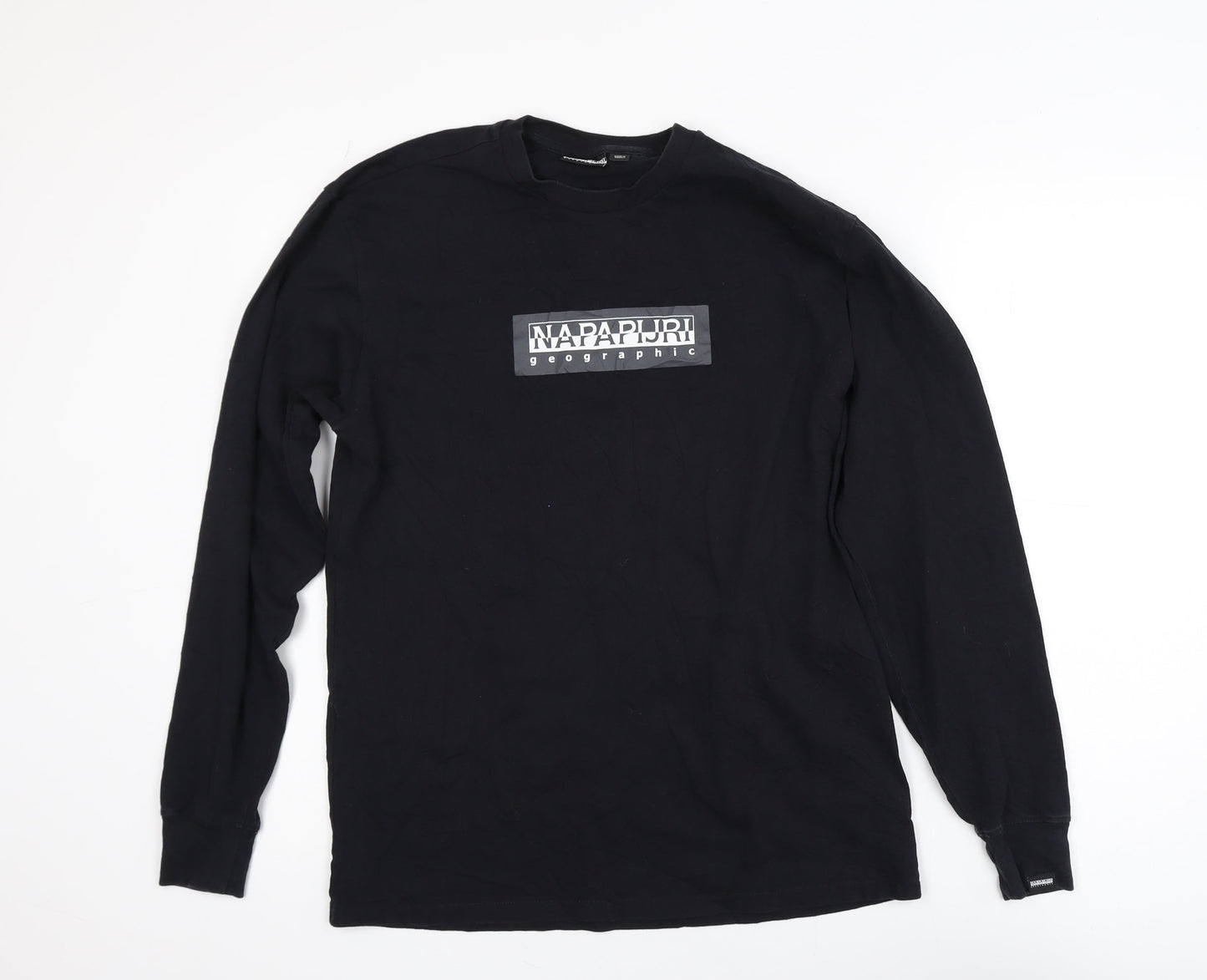 Napapijri Men’s Black Long Sleeve Cotton Crew Neck Logo T-Shirt XS