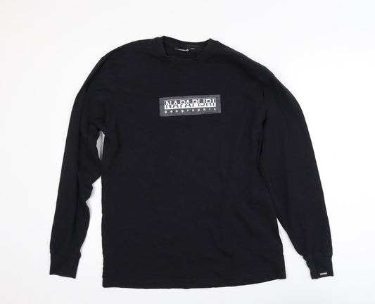Napapijri Men’s Black Long Sleeve Cotton Crew Neck Logo T-Shirt XS