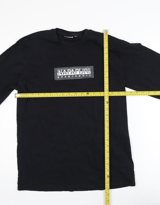 Napapijri Men’s Black Long Sleeve Cotton Crew Neck Logo T-Shirt XS