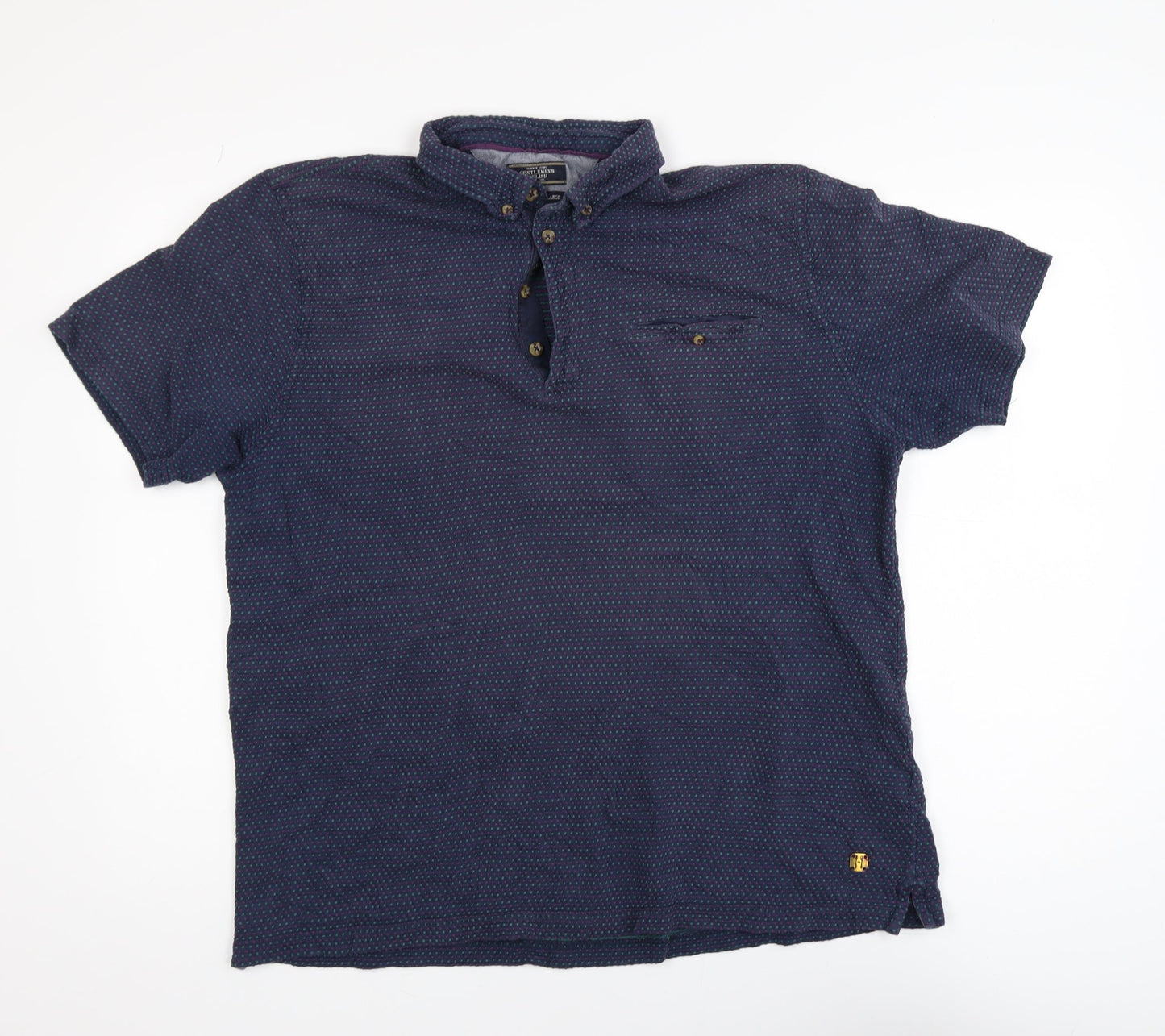 White Stuff Men's Blue XL Geometric Cotton Short Sleeve Polo Shirt