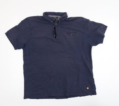 White Stuff Men's Blue XL Geometric Cotton Short Sleeve Polo Shirt