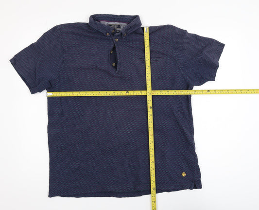 White Stuff Men's Blue XL Geometric Cotton Short Sleeve Polo Shirt