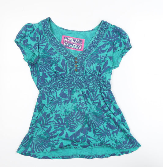 Mantaray Womens Blue Floral Cotton Tunic Blouse Size 8 Short Sleeve