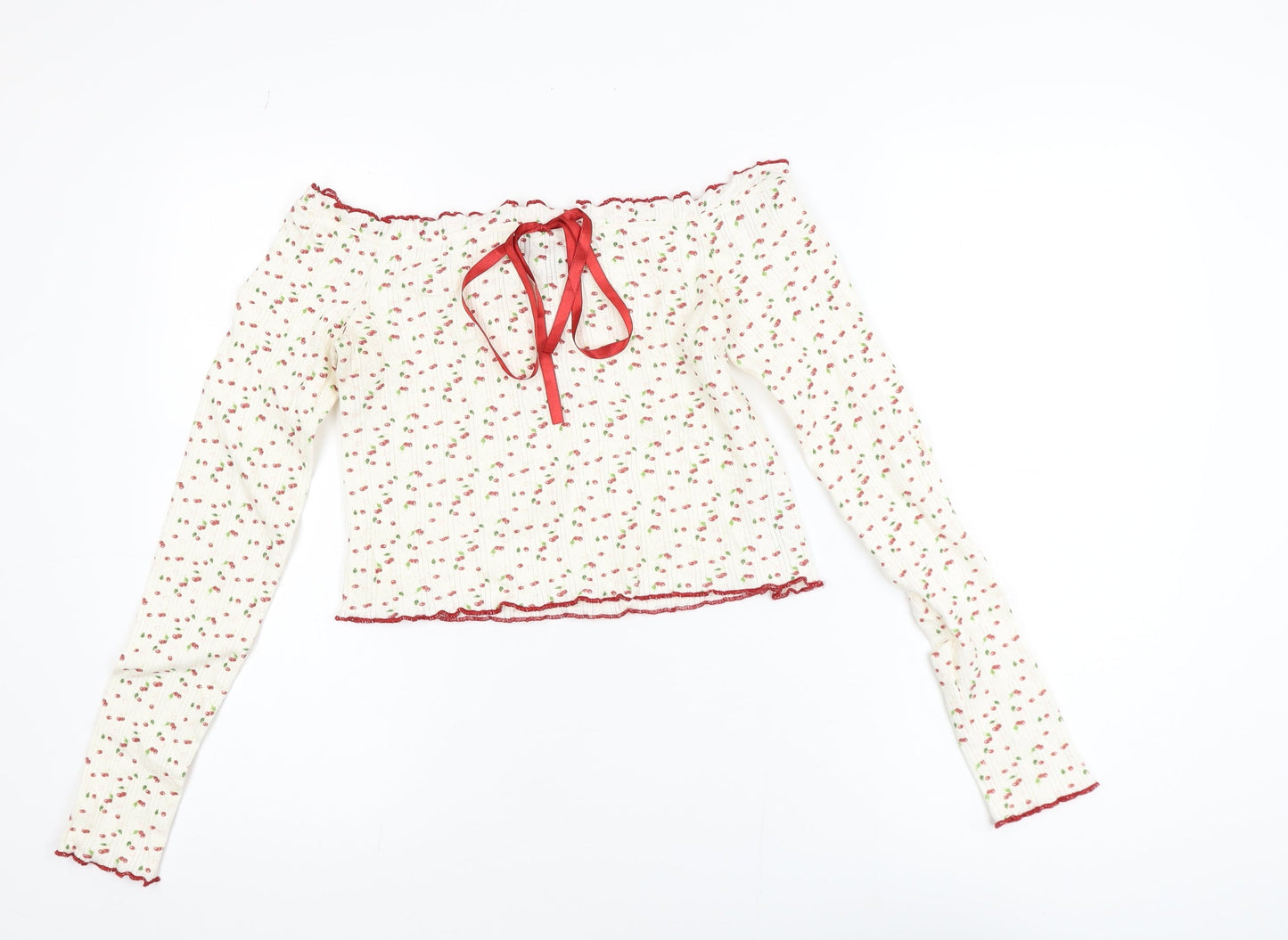 ASOS DESIGN Women’s White Cherry Print Off Shoulder Cropped Blouse UK 12-14