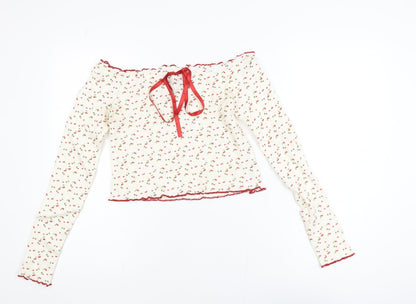 ASOS DESIGN Women’s White Cherry Print Off Shoulder Cropped Blouse UK 12-14