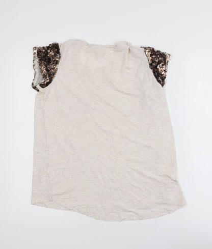 Next Women Beige Sequin Sleeve Viscose T-Shirt Size 14