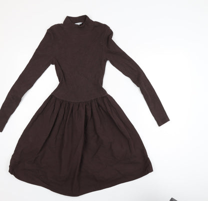 Zara Women Brown Fit & Flare Knit Dress Size 10 Long Sleeve High Neck