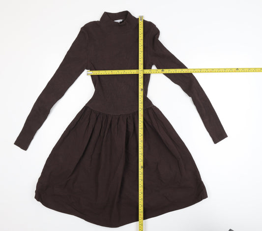 Zara Women Brown Fit & Flare Knit Dress Size 10 Long Sleeve High Neck