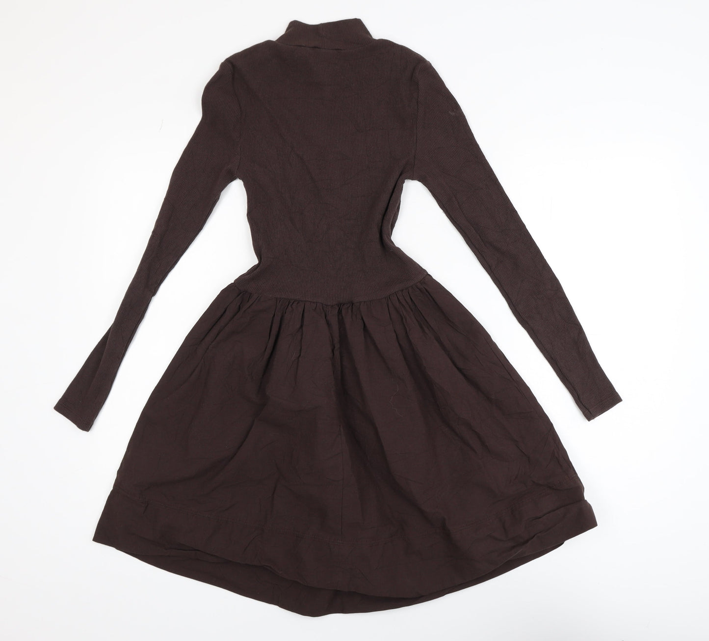 Zara Women Brown Fit & Flare Knit Dress Size 10 Long Sleeve High Neck