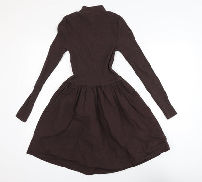 Zara Women Brown Fit & Flare Knit Dress Size 10 Long Sleeve High Neck