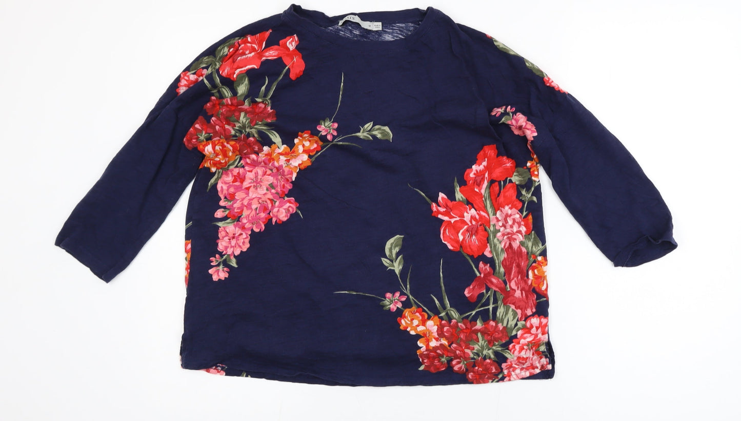 Oasis Womens Blue Floral Cotton Tunic Blouse Size M 3/4 Sleeve