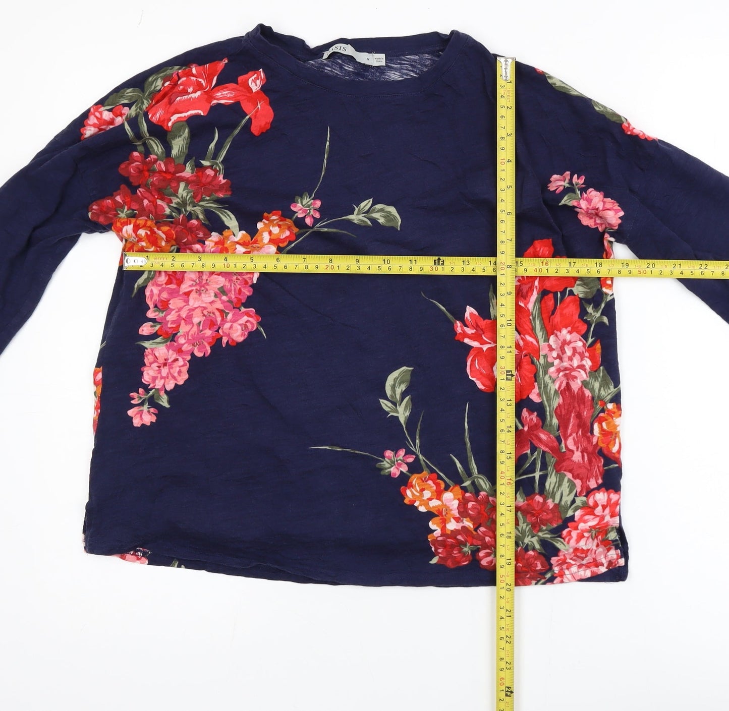 Oasis Womens Blue Floral Cotton Tunic Blouse Size M 3/4 Sleeve
