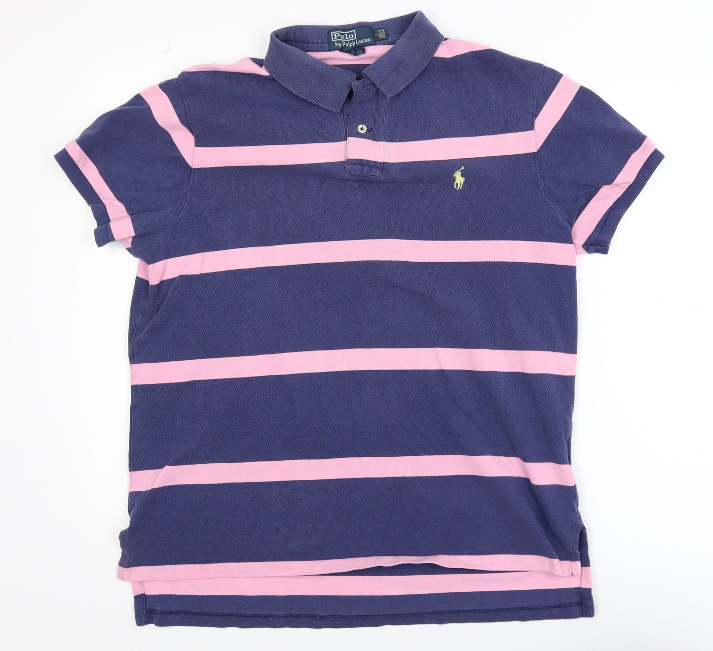 Ralph Lauren Men's Blue Pink Striped Custom Fit Polo Shirt L