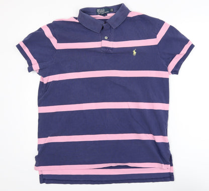Ralph Lauren Men's Blue Pink Striped Custom Fit Polo Shirt L
