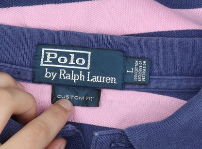 Ralph Lauren Men's Blue Pink Striped Custom Fit Polo Shirt L