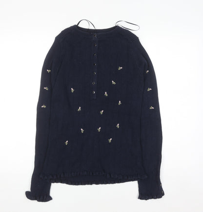 Next Women Navy Blue Floral Embroidered Henley Jumper Size 12 Long Sleeve