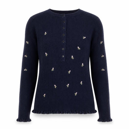 Next Women Navy Blue Floral Embroidered Henley Jumper Size 12 Long Sleeve
