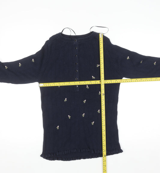 Next Women Navy Blue Floral Embroidered Henley Jumper Size 12 Long Sleeve