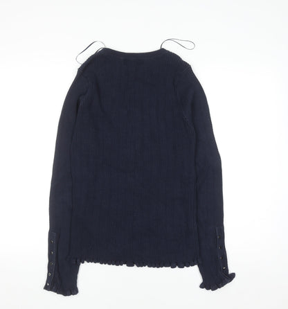 Next Women Navy Blue Floral Embroidered Henley Jumper Size 12 Long Sleeve