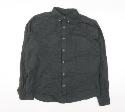 EASY Men's Grey Cotton Button-Down Long Sleeve Casual Shirt Size L