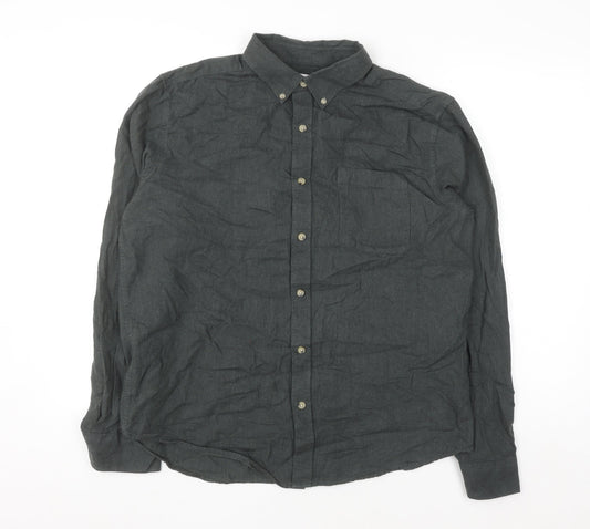 EASY Men's Grey Cotton Button-Down Long Sleeve Casual Shirt Size L
