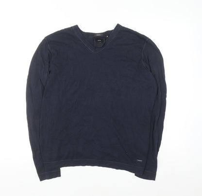 BOSS Mens Blue V-Neck Cotton Silk Regular Fit Jumper M