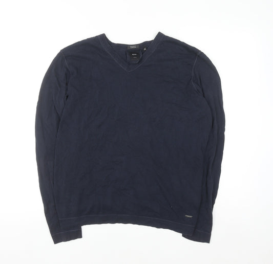 BOSS Mens Blue V-Neck Cotton Silk Regular Fit Jumper M
