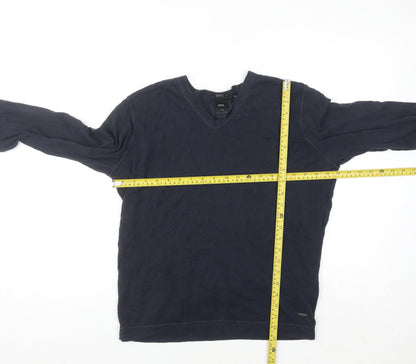 BOSS Mens Blue V-Neck Cotton Silk Regular Fit Jumper M
