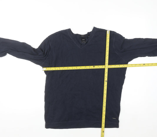 BOSS Mens Blue V-Neck Cotton Silk Regular Fit Jumper M