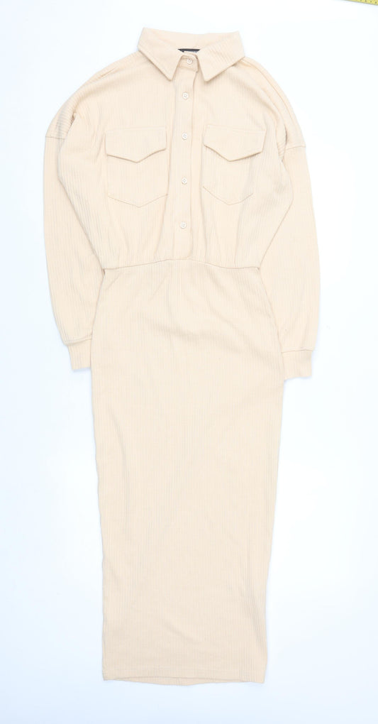 Missguided Women Beige Collared Midi Shirt Dress Size 12