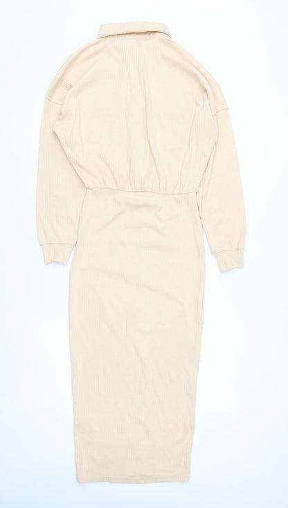 Missguided Women Beige Collared Midi Shirt Dress Size 12