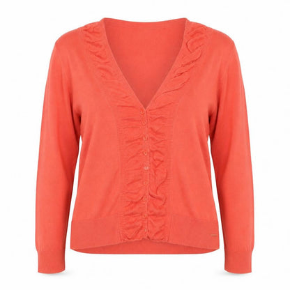 Tom Tailor Women Coral Cardigan XL V-Neck Ruffle Long Sleeve Cotton Knit