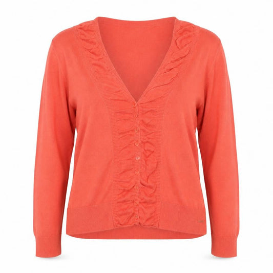 Tom Tailor Women Coral Cardigan XL V-Neck Ruffle Long Sleeve Cotton Knit