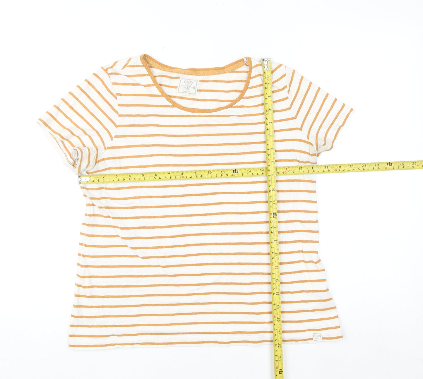 Fat Face Womens Yellow Stripe T-Shirt UK 12 Short Sleeve 100% Cotton